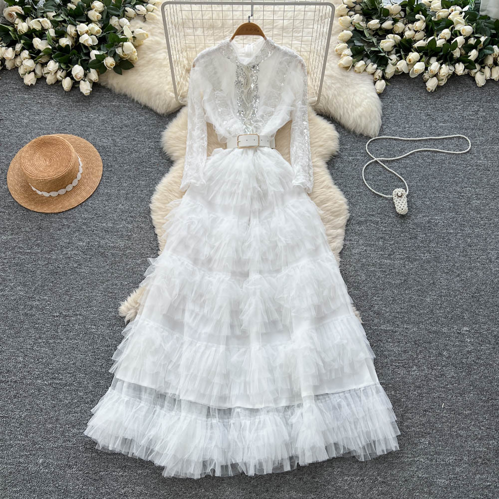 Robe de soirée longue en maille pour femmes, tenue à volants, col montant, manches longues, ligne A épissée, taille haute, pour mariage