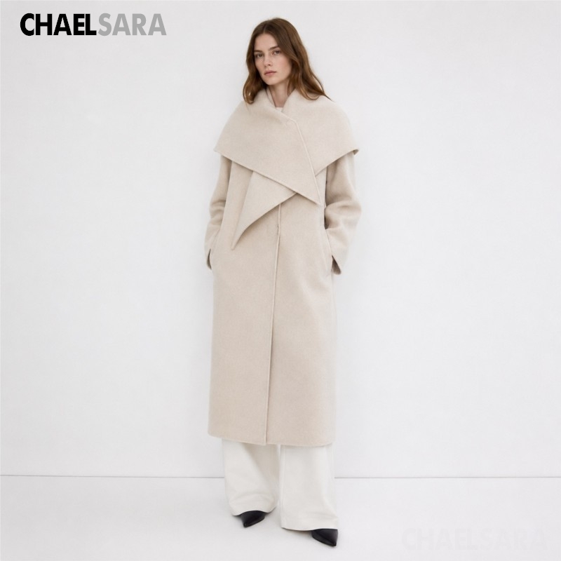 Manteau long en laine mélangée pour femmes, automne-hiver, élégant, col châle, coupe ample, vêtement d'extérieur chaud.