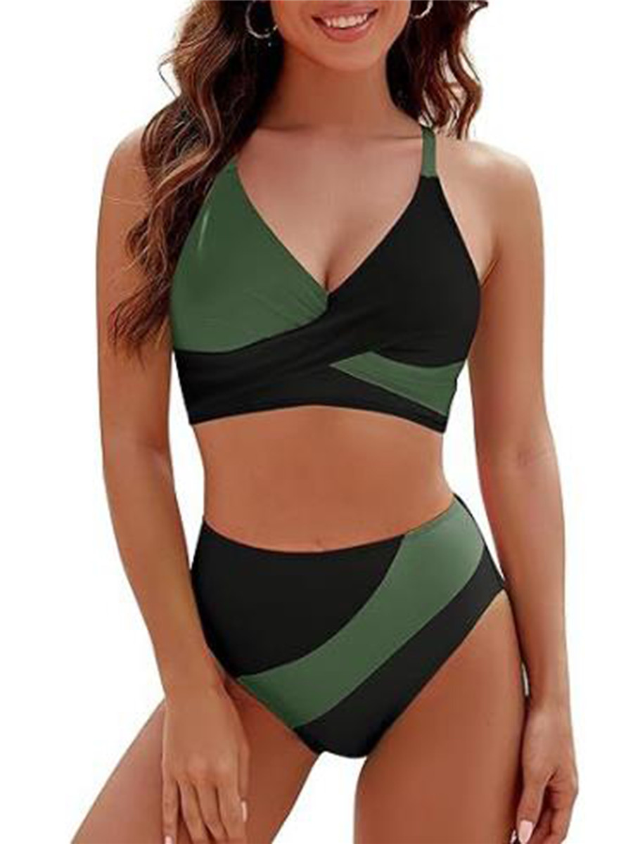 Femmes 2 pièces ensemble de Bikini Patchwork col en v hauts sans manche bas string plage maillot de bain pour les femmes