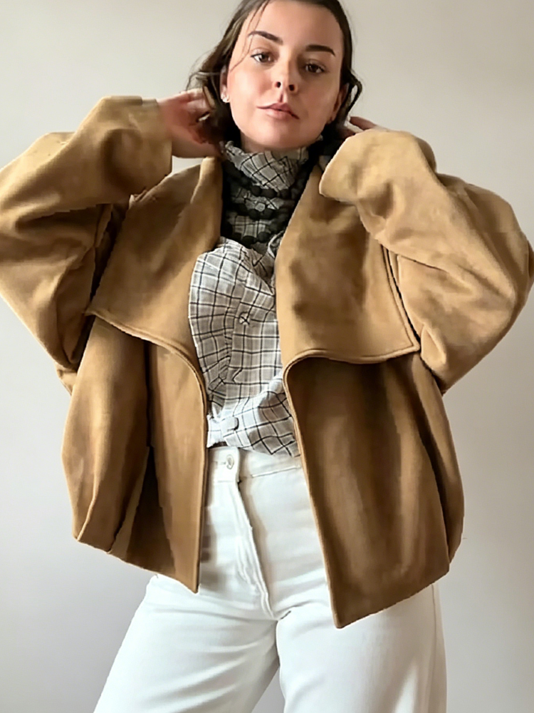 Manteau court décontracté ouvert sur le devant pour femme, col à revers, manches à revers larges, sans bouton, veste oversize chic pour le bureau ou la rue