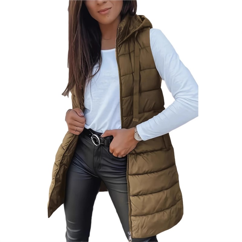 Femmes gilets longs bouffantes épais manteaux fermeture éclair matelassé rembourré gilet à capuche mi-long coton manteau gilet hiver chaud manteau d'extérieur