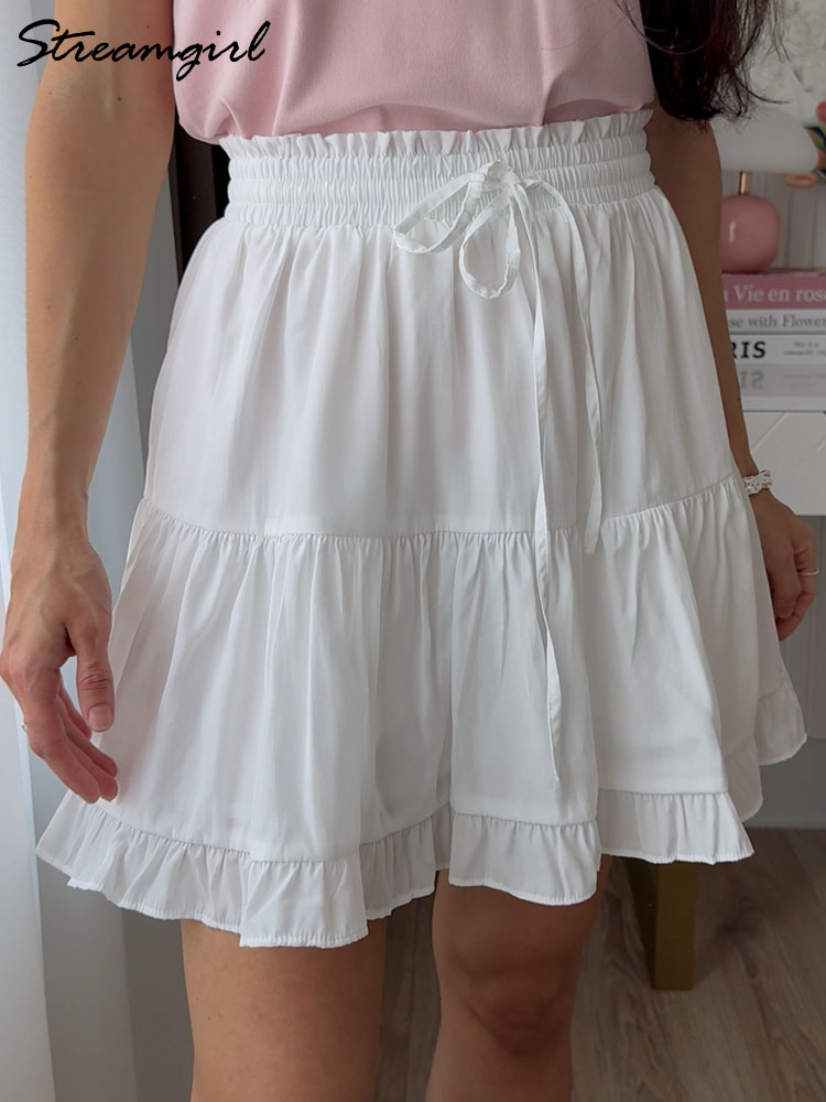 Femmes Mini jupe à volants avec Short été 2025 taille haute blanc gâteau jupe épissage jupes de plage courtes pour les femmes Vintage
