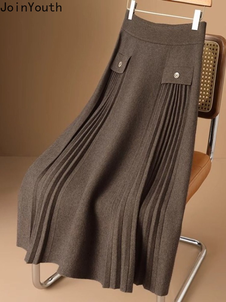 Jupes Vintage pour femmes taille haute a-ligne Jupe 2025 Faldas Mujer De Moda épais coréen ample Saia tricoté Jupe longue plissée