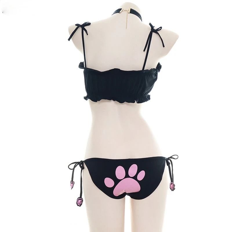 Maillot de bain patte de chat mignon pour filles, costume de plage, mini jolis chats, cloche, uniforme de cosplay, soutien-gorge creux