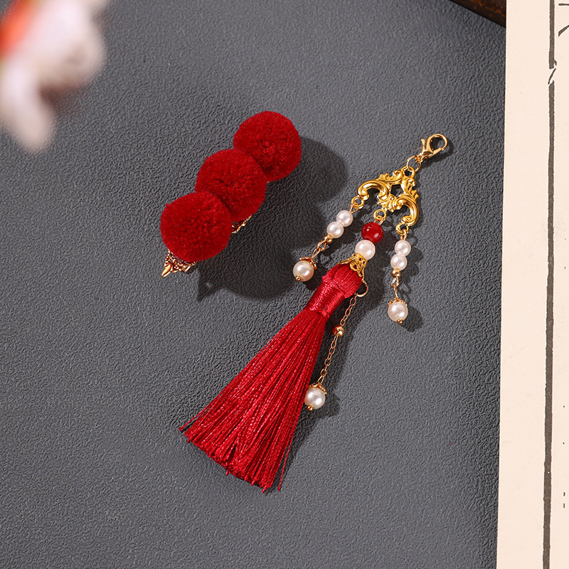 Épingle à cheveux à pompon rouge pour double chignon, style Hanfu du Nouvel An, accessoire de coiffure de style ancien pour femmes et pour la cérémonie parent-enfant
