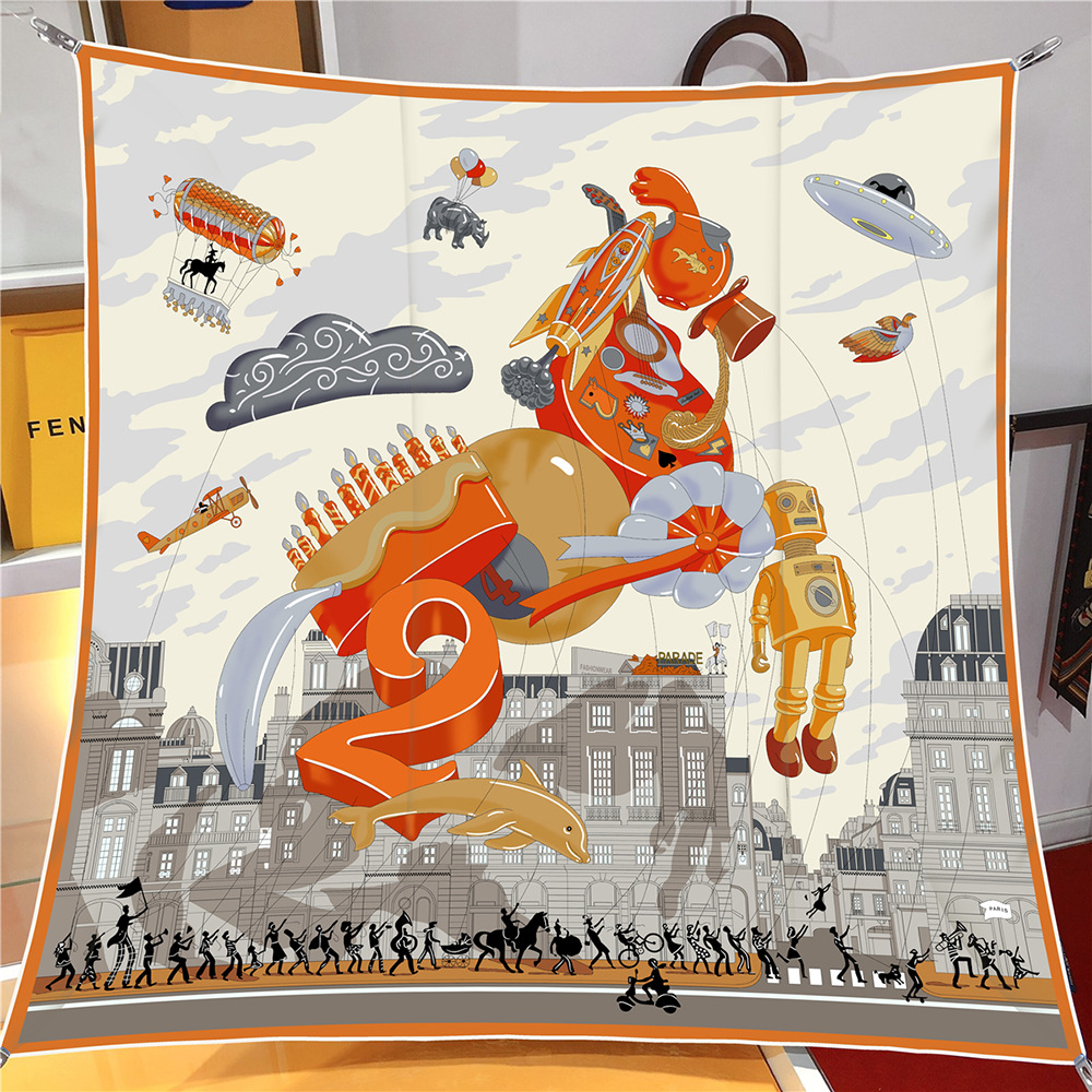Foulard en soie sergé châle marque de luxe Fubao City Architecture Foulard carré femmes Hijabs Bandana Foulard foulard foulards