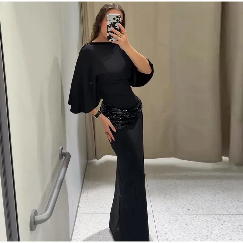 Robe Maxi en Patchwork de paillettes pour femmes, dos nu, élégante, manches larges, longue, nouvelle mode féminine, Robes de soirée quotidiennes