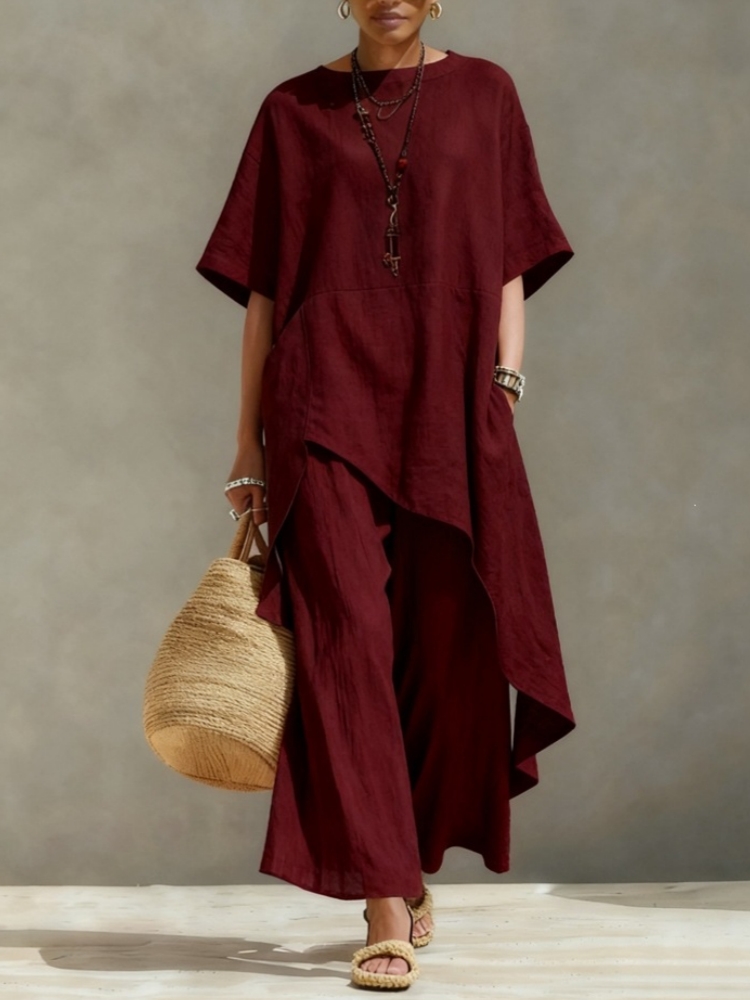 Ensembles pantalon et chemisier en coton et lin pour femme, 2 pièces, décontractés, chemisier ample à manches courtes et coupe irrégulière, pantalon large à taille élastique