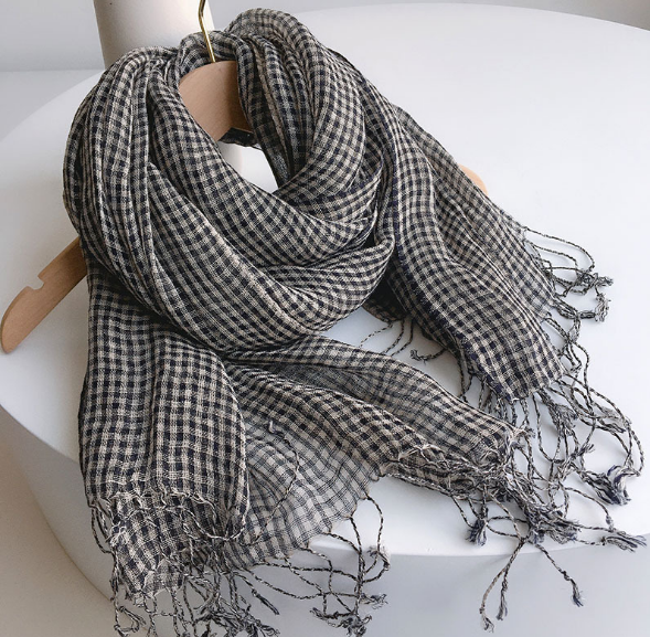 Châle à carreaux en pansement de style japonais, 100% lin, petits châles à carreaux, enveloppes pashmina à carreaux noirs et blancs, été et printemps