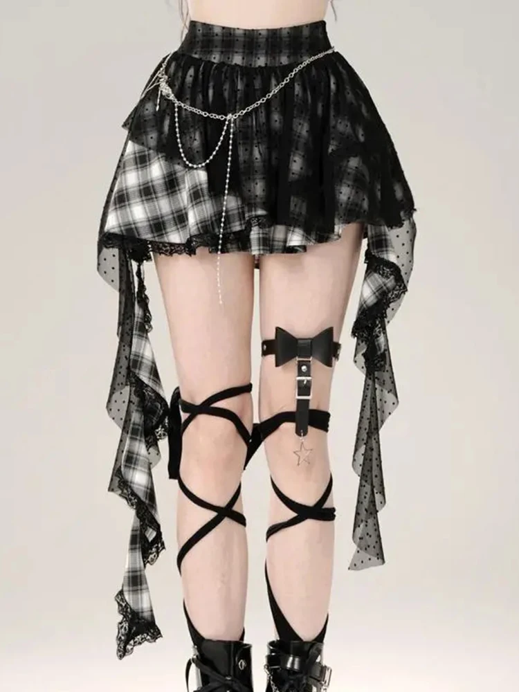 Harajuku Y2K jupe à carreaux femmes Vintage Streetwear taille haute gothique Mini jupes rétro dentelle Patchwork Style Punk dame jupe nouveau