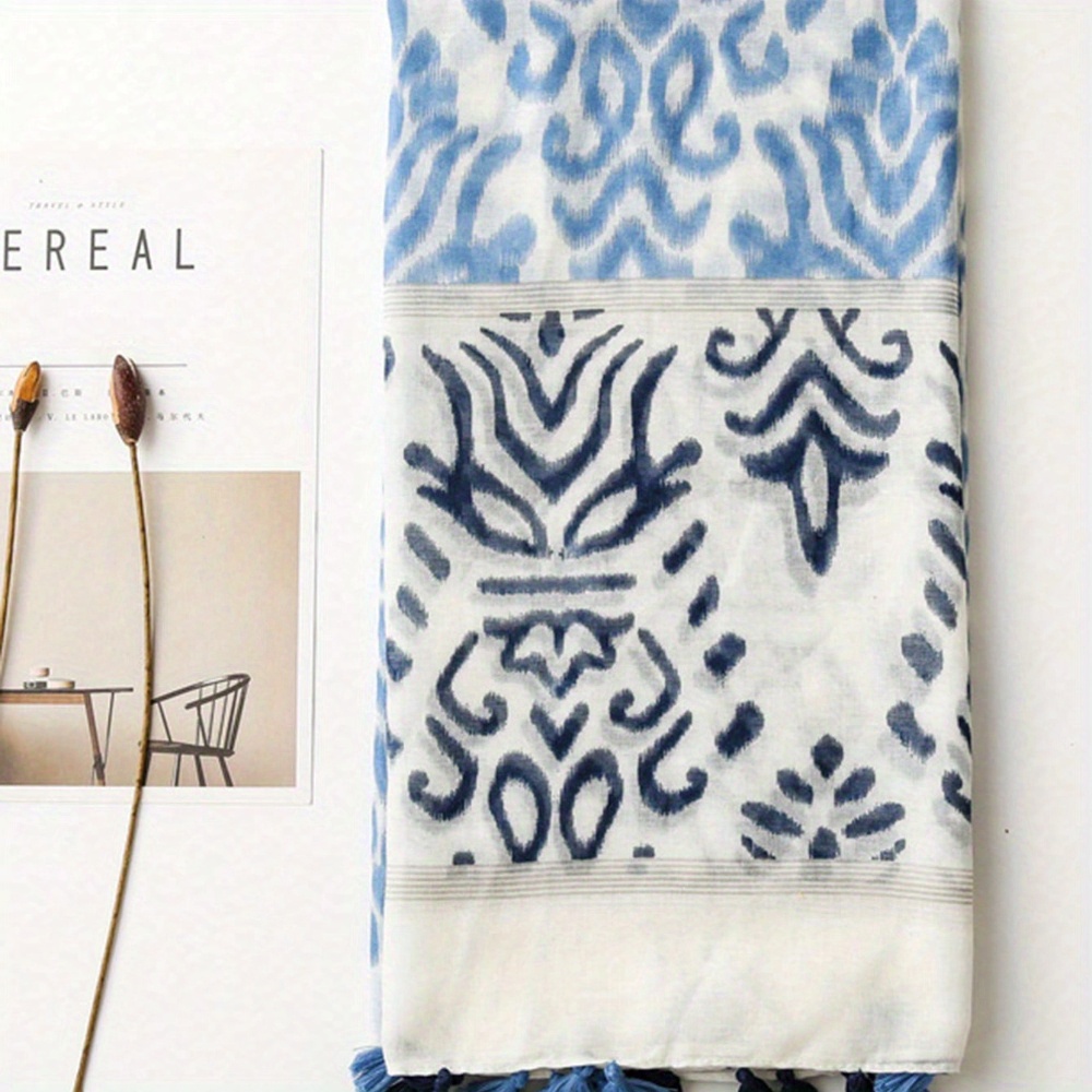 Écharpe légère à franges de Style bohémien, imprimé géométrique rétro bleu et blanc, nouvelle collection élégante en mousseline de soie balineuse rétro pour dames, 1 pièce