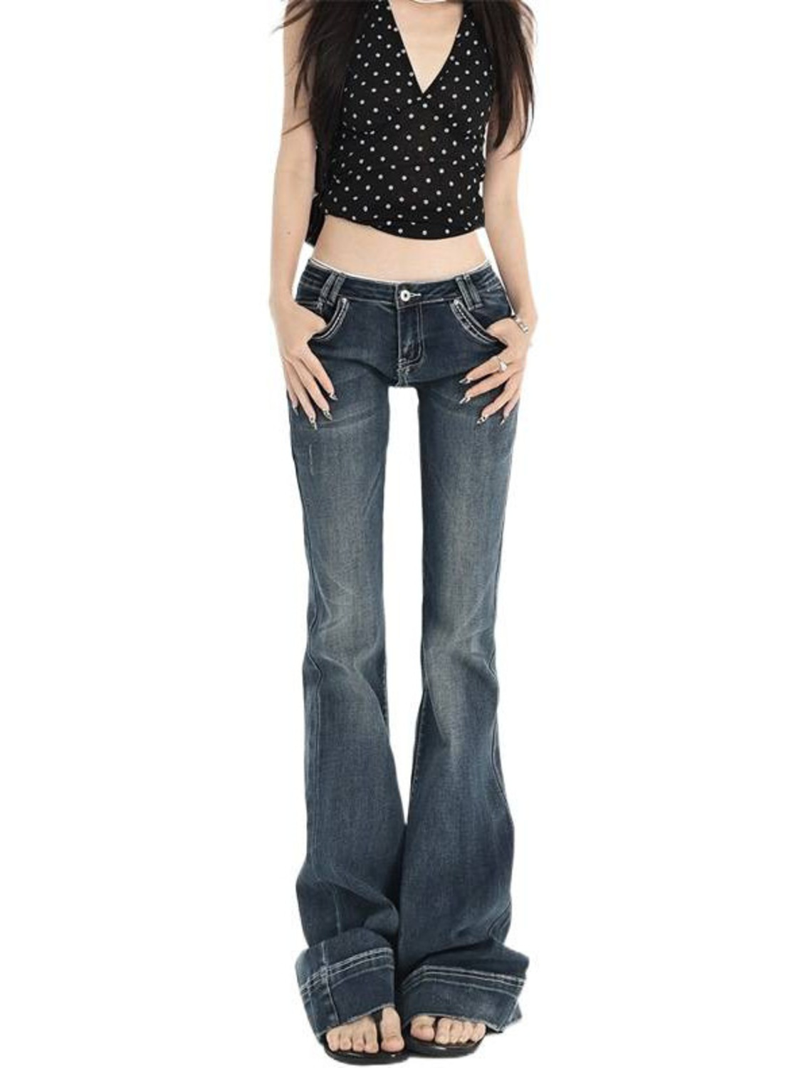 Jean bootcut vintage délavé taille basse pour femme, coupe légèrement évasée, style rétro Y2K