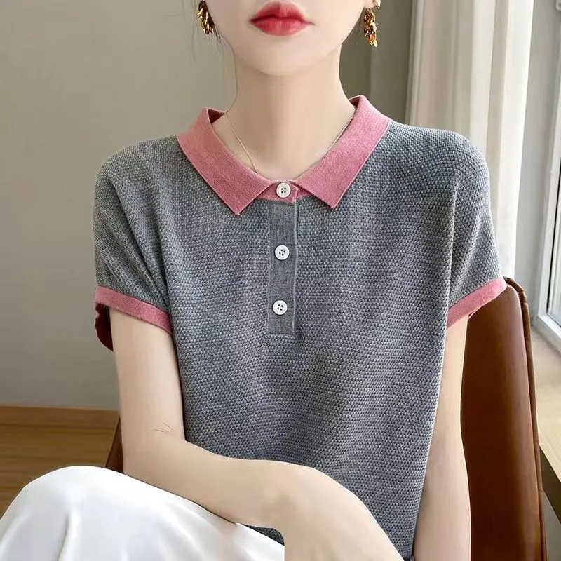 T-shirt femme 2025 été mode réduction de l'âge dame T-shirt tempérament Version coréenne col POLO dames hauts tricotés