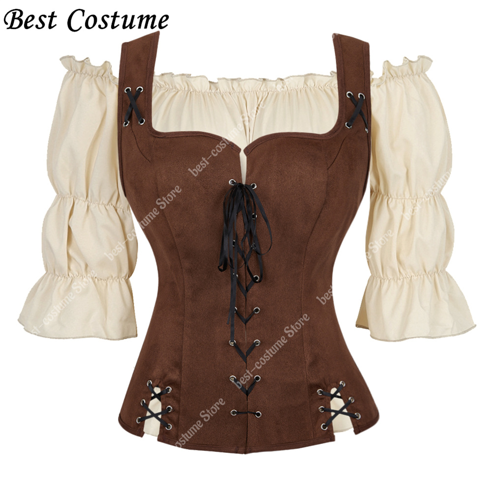 Costume de Pirate pour femmes, gilet médiéval, Cosplay, grande taille, chemisier médiéval, hauts, ensemble 2 pièces, gilet Renaissance, marron, noir, bleu