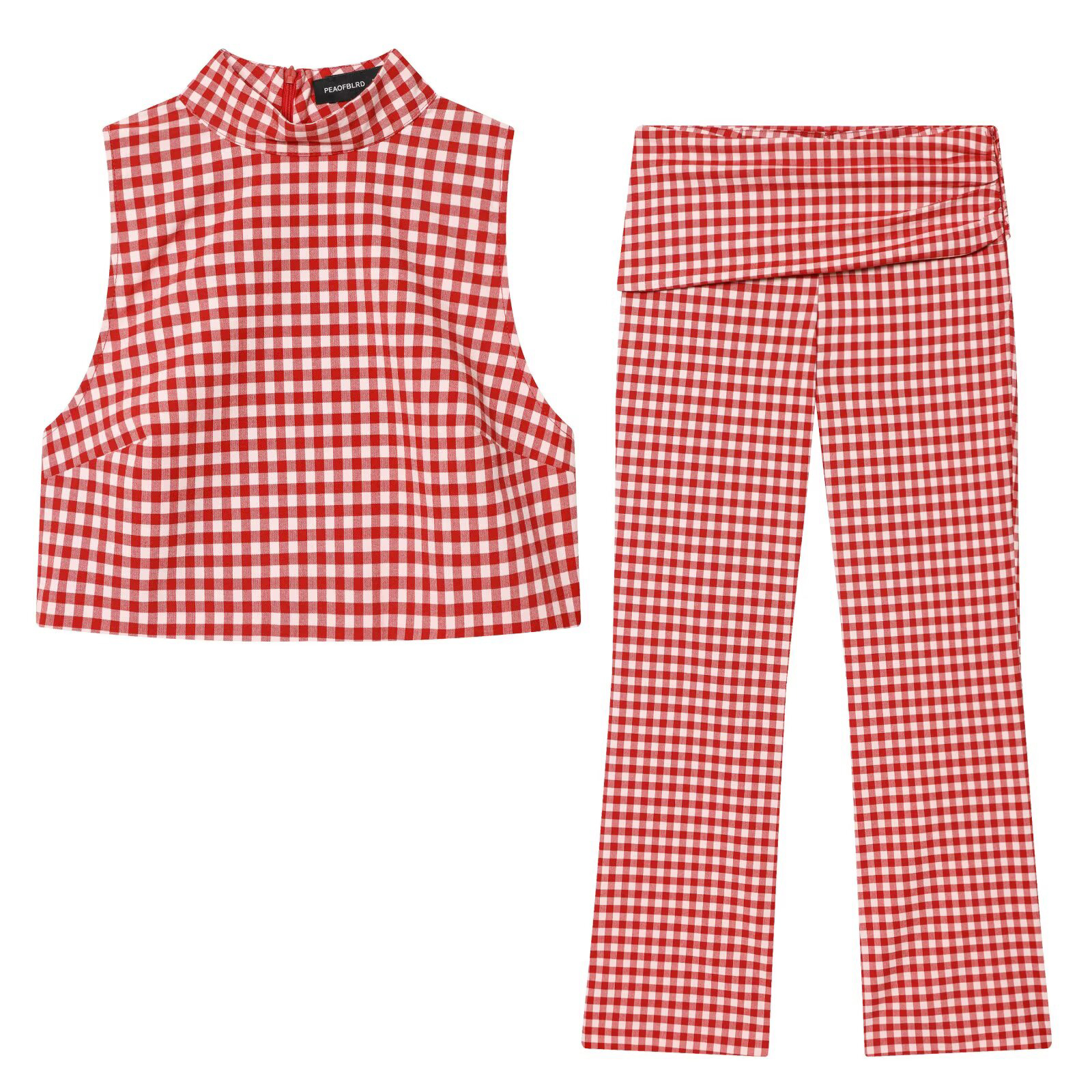 Vêtements pour femmes de style européen et américain, nouvelle mode, ensemble haut court sans manches à col haut et pantalon à carreaux