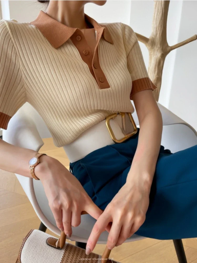 T-shirts d'été tendance pour femmes, T-shirt polo ajusté pour femmes, T-shirt en soie glacée tricoté à col, Crop top élégant en tricot