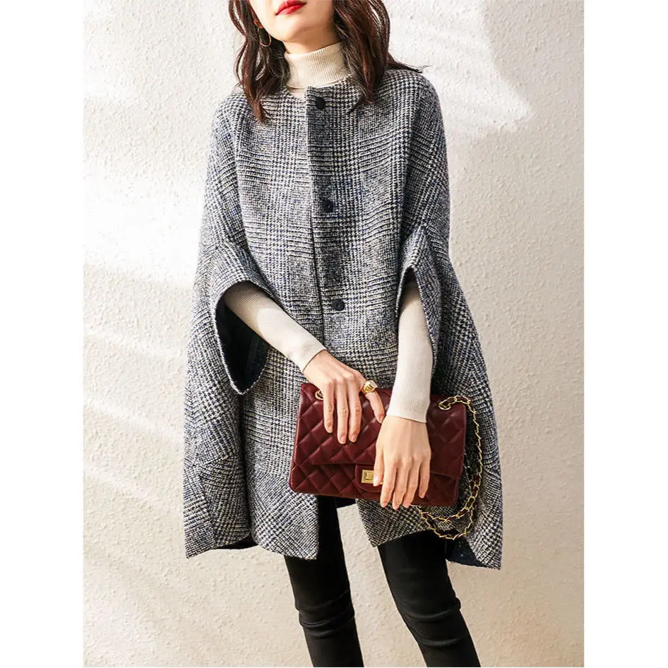 Cardigan mi-long à carreaux à col rond pour femmes, optique coréenne, mélange de laine, point ouvert, manches longues, décontracté, automne, hiver, 2023