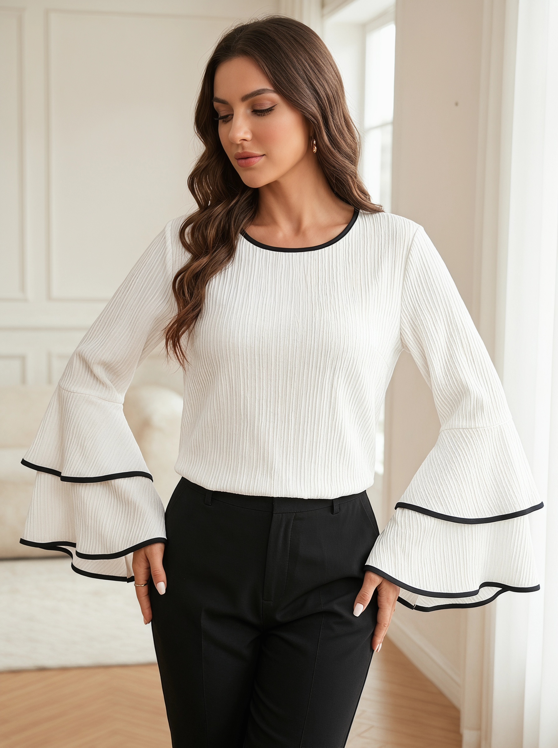 T-shirt femme grande taille 2025 printemps/été nouveau décontracté couleur unie col rond évasé haut à manches longues