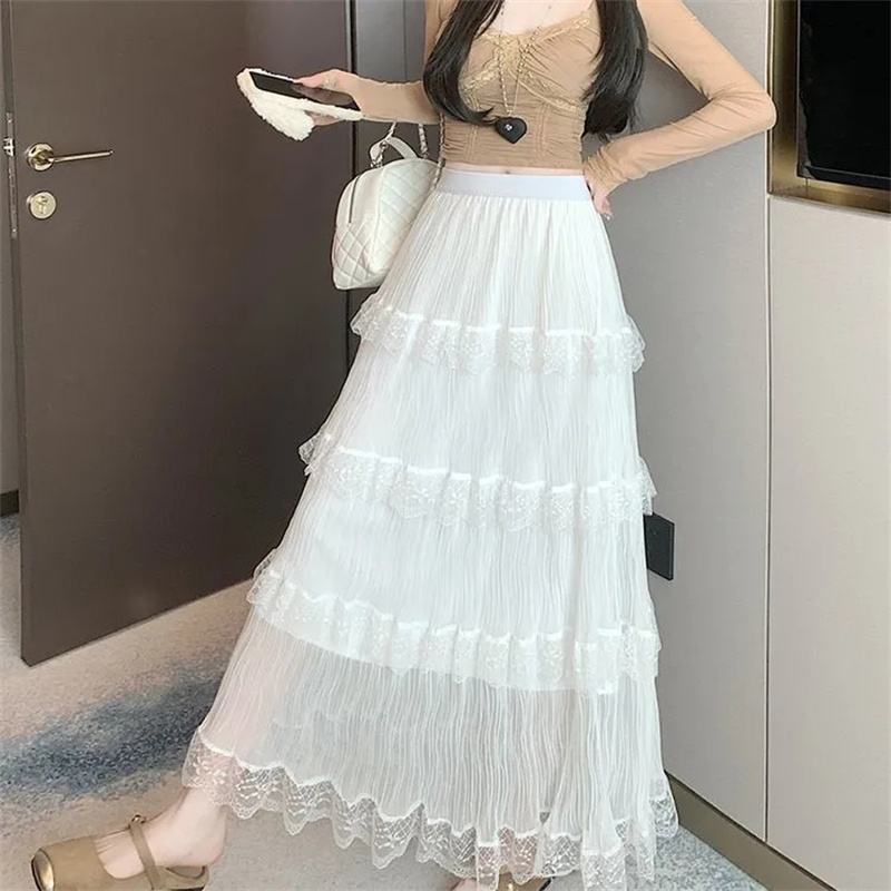 Jupes en mousseline de soie pour femmes, Vintage, taille haute, élastique, Patchwork, blanc, noir, Chic, longue gâteau, jupe trapèze pour étudiantes, printemps été
