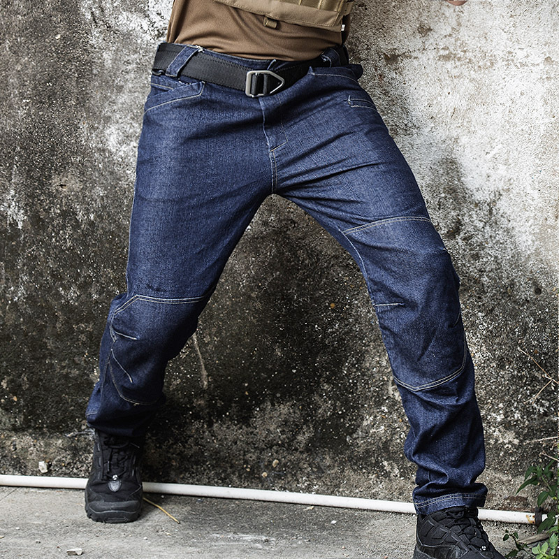 Jean tactique en Denim pour hommes, pantalon extensible, confortable, pleine longueur, multi-poches, Leggings aux genoux