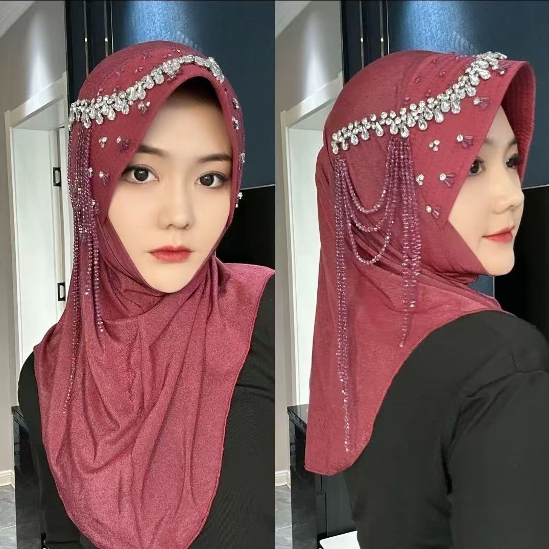 Foulard africain pour femmes, éponge à bord souple, pratique, couvre-tête avec pompon en diamant, perles de luxe, chapeau Hijab pour filles
