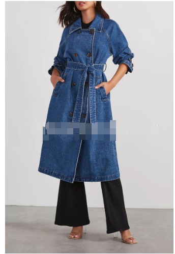Veste longue délavée pour femme, coupe-vent en denim, poches, revers à lacets, double boutonnage, manteau décontracté, vêtements d'extérieur féminins, 2025