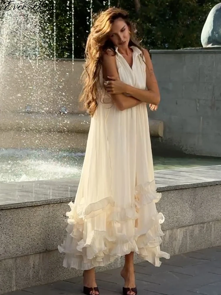 Robe Maxi à volants multicouche pour femmes, couleur unie, élégante, sans manches, épaules dénudées, taille haute, nouvelle collection Chic, robes de soirée de vacances