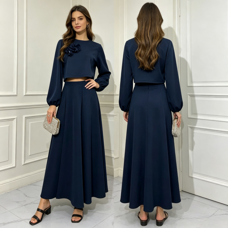 Ensemble de mode Eid Dubaï 2 pièces pour femme : haut à manches lanternes et jupe, ensembles musulmans, jalabiya avec appliques, ensembles pour femmes