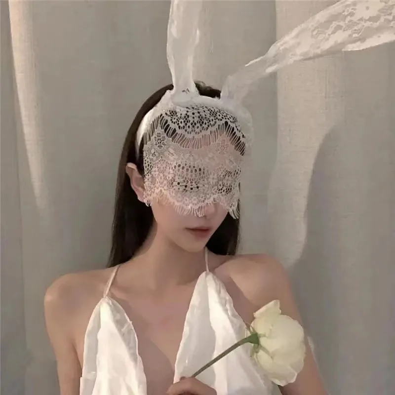 Bandeau oreilles de lapin noir et blanc, masque en dentelle, cerceau d'oreille de lapin, décoration de fête, Rhcosplay, costume d'Halloween, bandes de sauna