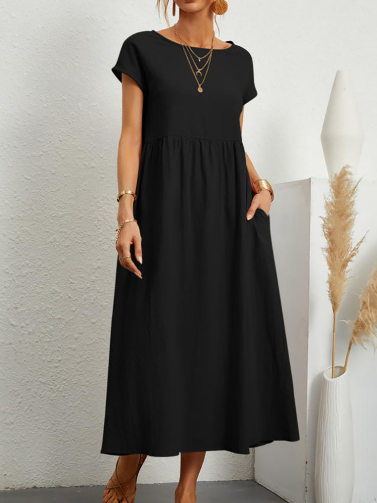 Robe longue Vintage en coton et lin pour femmes, couleur unie, élégante, col rond, manches courtes, décontractée, ample, été, 2023