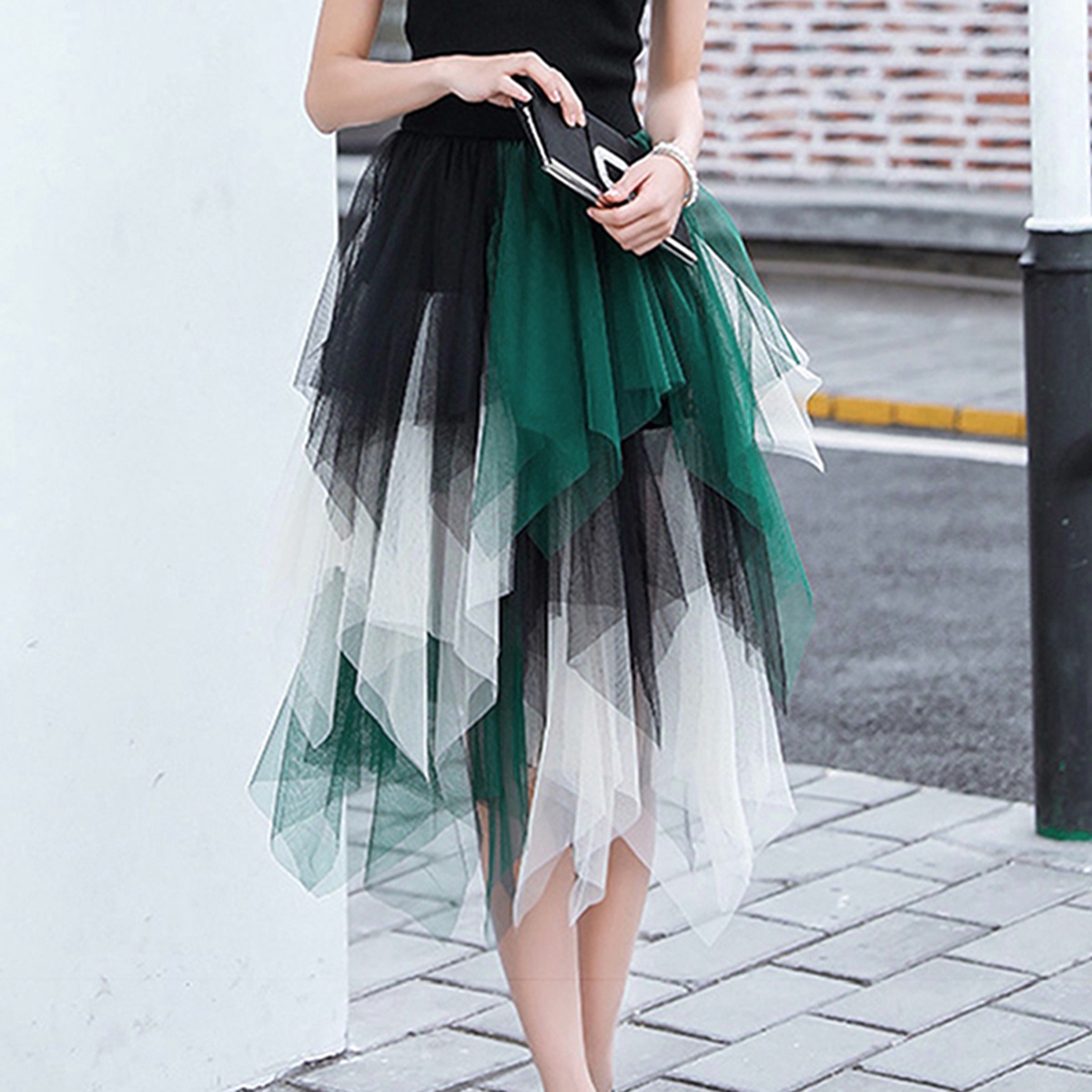 Jupe midi d'automne élégante pour femmes, jupe en tulle à taille élastique adaptée à la fête de rue