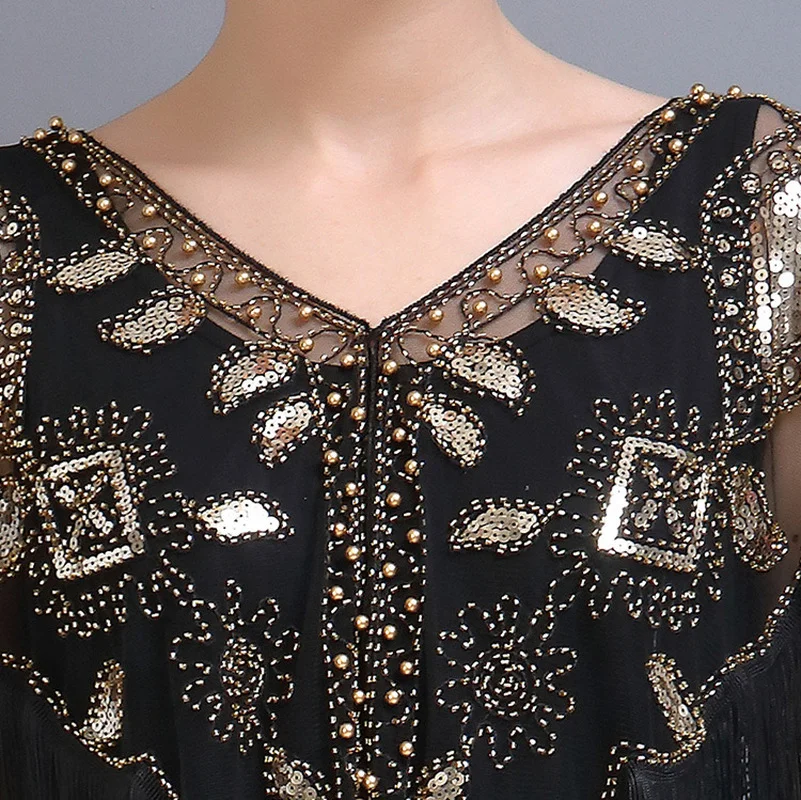 Châle à paillettes pour femme style années 20 avec franges perlées, en maille transparente, boléro Gatsby, cape de soirée