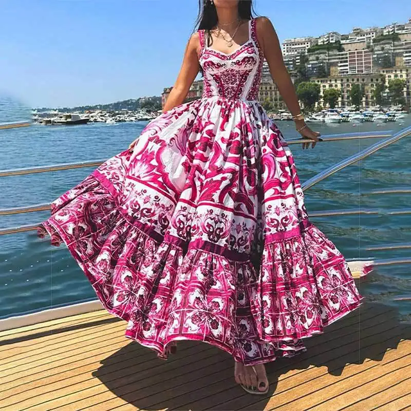 Nouvelle robe d'été pour femmes, style européen et américain, bohème, élégante, légère, luxueuse, mi-longue, imprimée, à bretelles