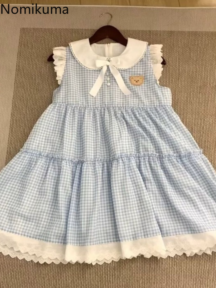 2025 robes De Mujer japonais Robe mignonne pour les femmes broderie ours Patchwork dentelle Robe ample Femme décontracté Chic robes à carreaux