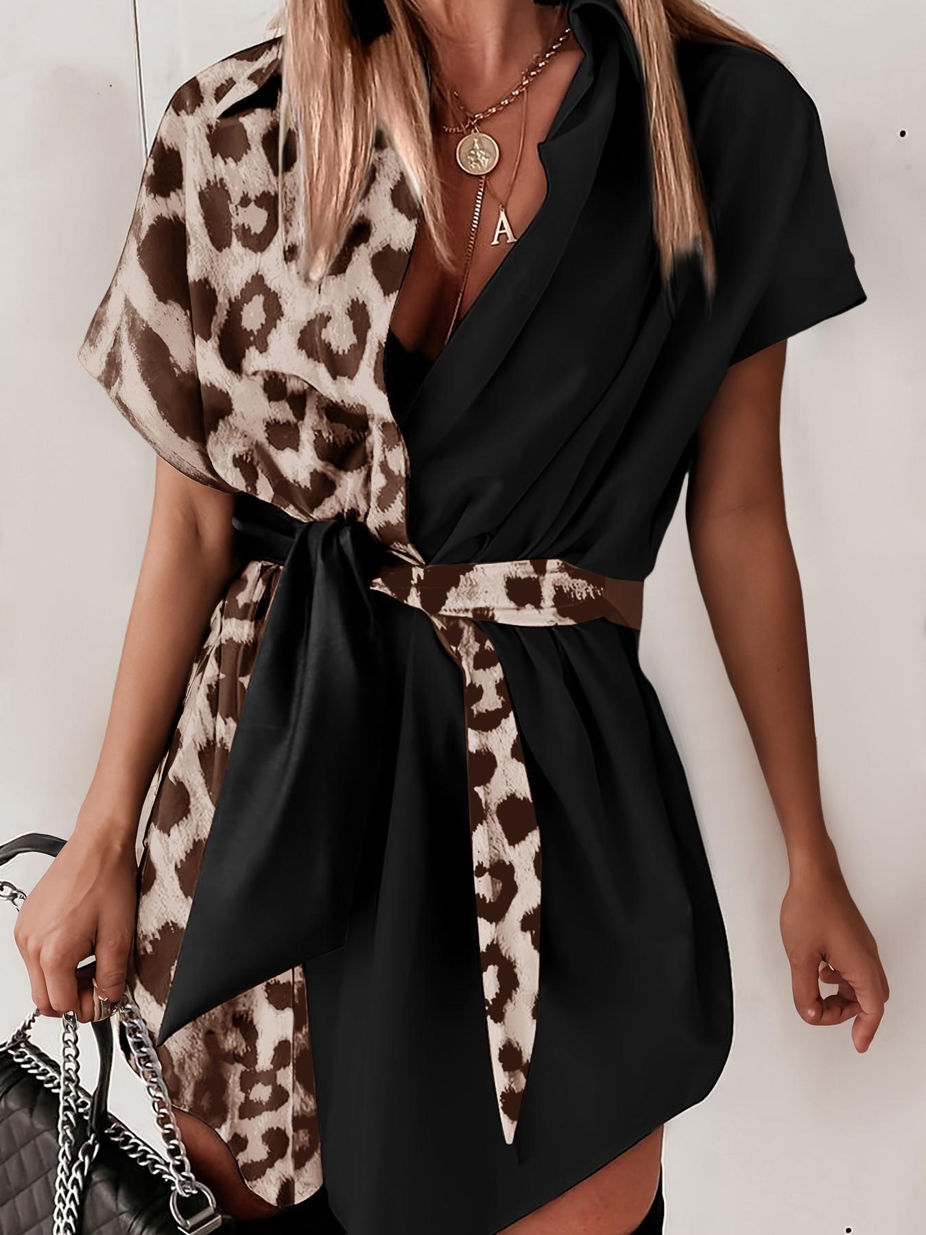Robe chemise asymétrique à manches courtes pour femme, imprimé léopard uni, design contrastant bicolore, tenue décontractée tendance