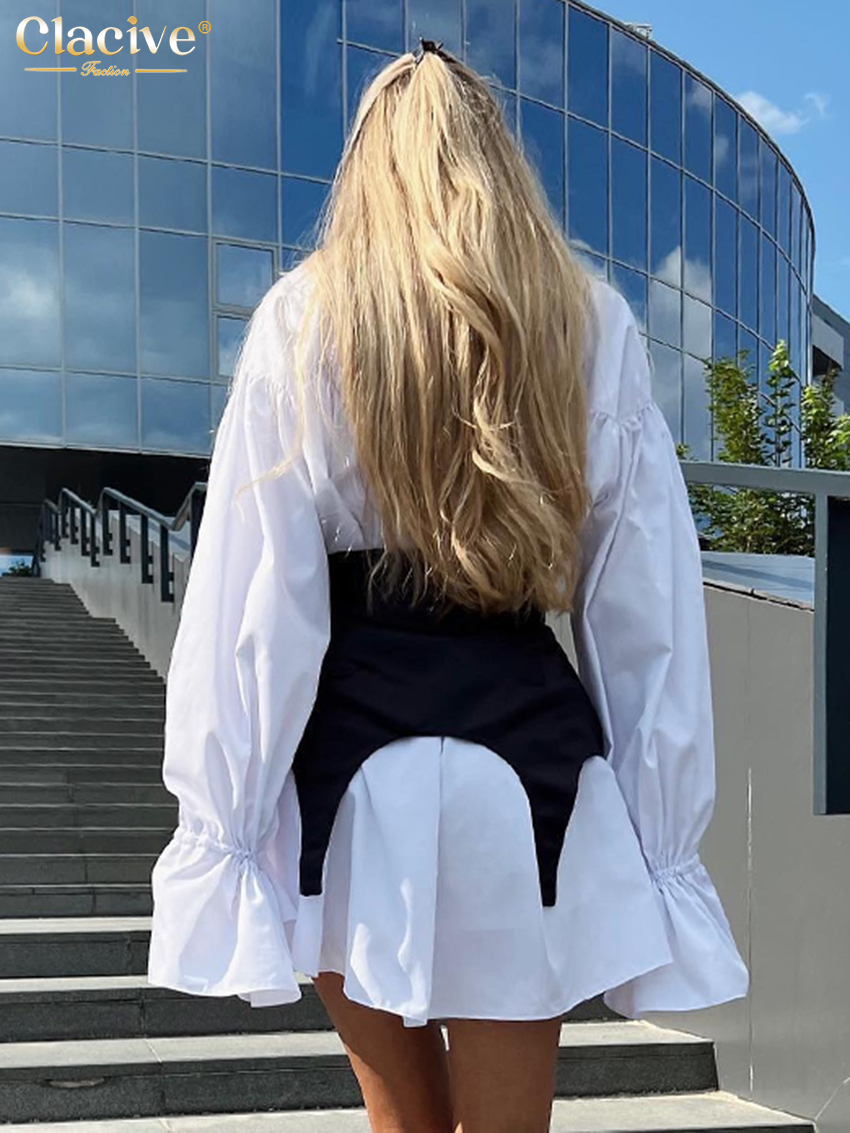 ClacMarkets-Mini robe à manches longues avec ceinture taille haute pour femme, tenue élégante, ensemble 2 pièces, blanc, mode 2025