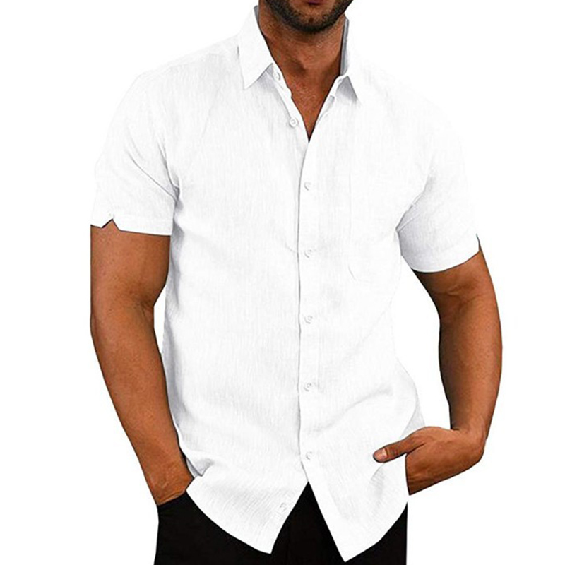 Chemises d'Été en Coton et Lin pour Homme, Chemisiers Décontractés à Manches Courtes, Couleur Unie, Col Rabattu, Vêtements de Plage Formels