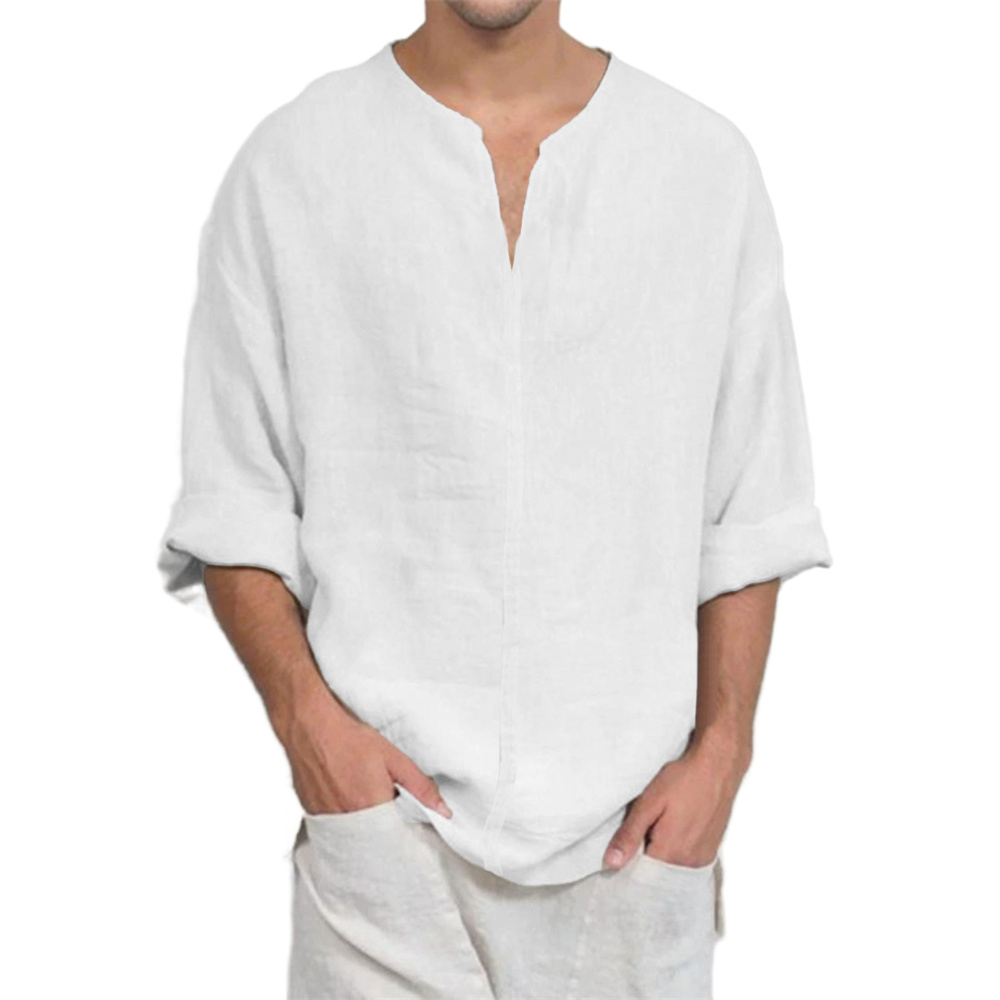 T-shirt à manches longues et col en v pour hommes, en coton et lin, décontracté, couleur unie, léger, respirant, confortable, à la mode