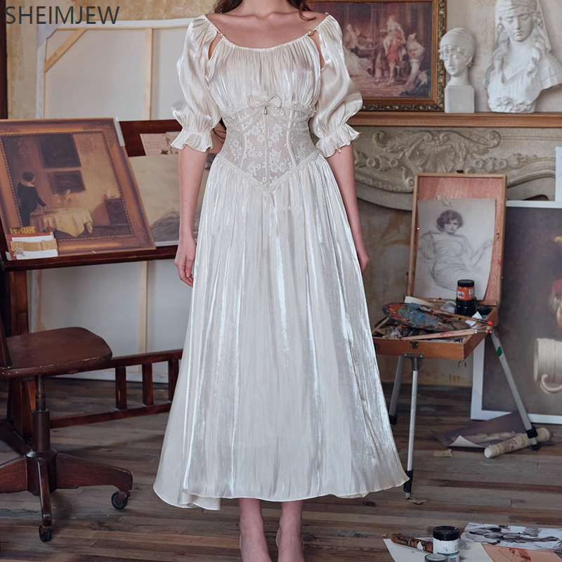 Mode français élégant palais Style dentelle couture arête de poisson taille robe de soirée robe de bal blanc Sexy dames quotidien perle robe