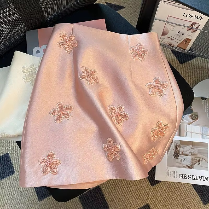 MEXZT élégant rose Mini jupe femmes Vintage Floral perles hanche Wrap jupes été dames coréen taille haute conception une ligne Faldas