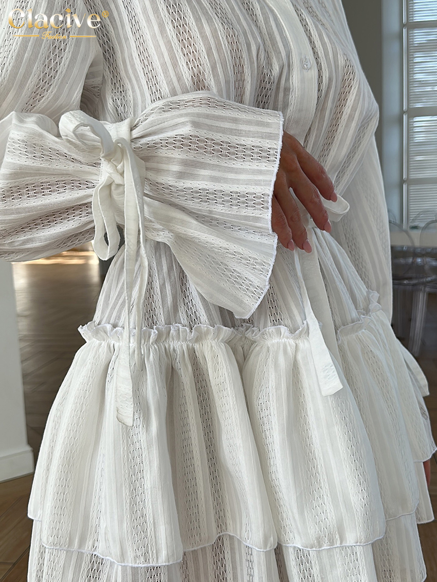 Clacive mode ample blanc femmes robe 2025 décontracté col montant à manches longues Mini robes élégant à lacets plissé femme robe