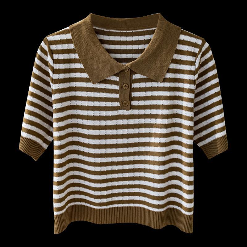Pull à manches mi-longues en soie glacée pour femme, haut d'été à revers court rayé, à la mode, haut de gamme, Polo