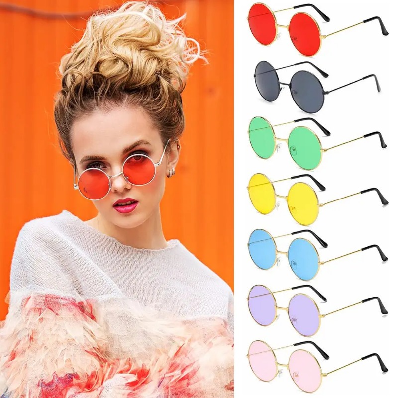 Nouvelles lunettes de soleil rondes rétro hippie pour femmes et hommes, lunettes de fête punk tendance, lunettes de soleil rondes en métal avec protection UV