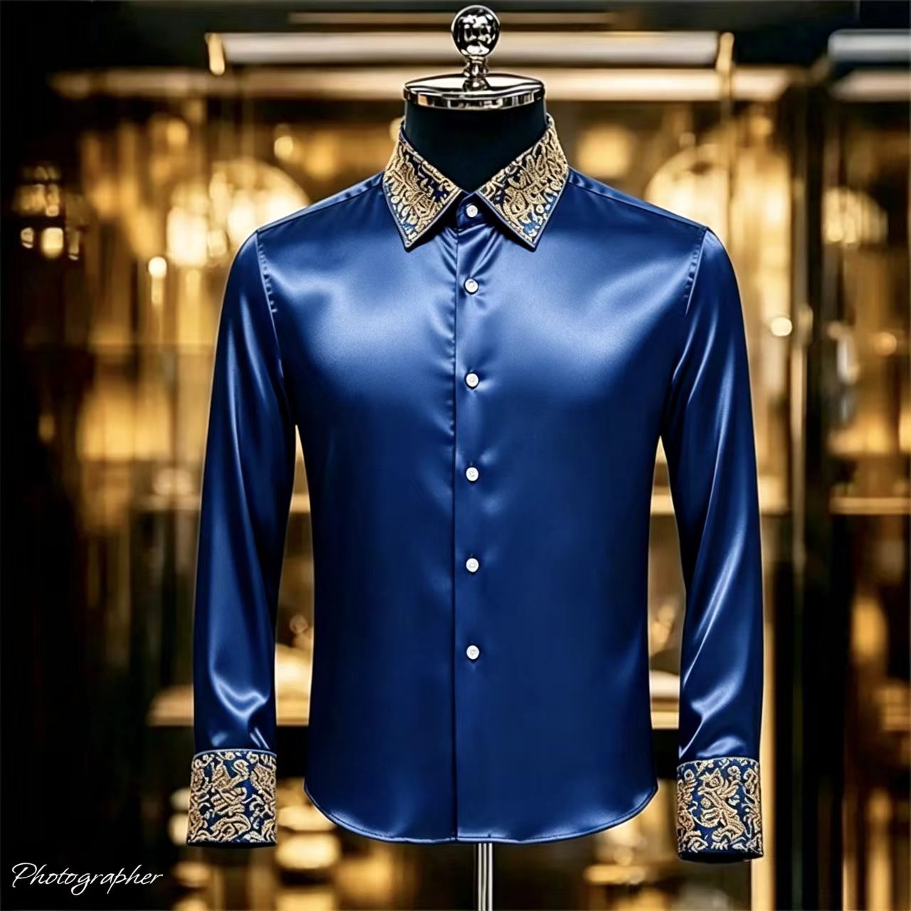 Chemise en satin de luxe pour homme avec col et poignets imprimés en 3D, chemise habillée à manches longues coupe ajustée, chemise en soie formelle pour mariage et soirée
