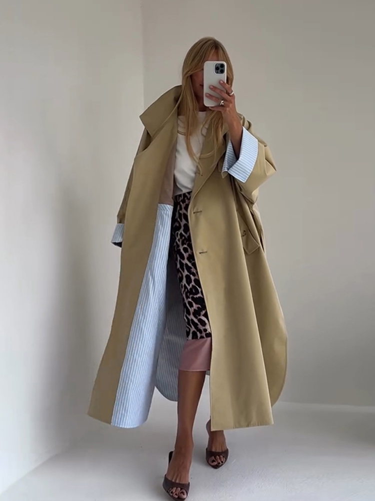 Manteau long décontracté uni pour femme, coupe ample, manches longues, à simple boutonnage, col montant, style patchwork, veste d'automne 2026 pour femme.