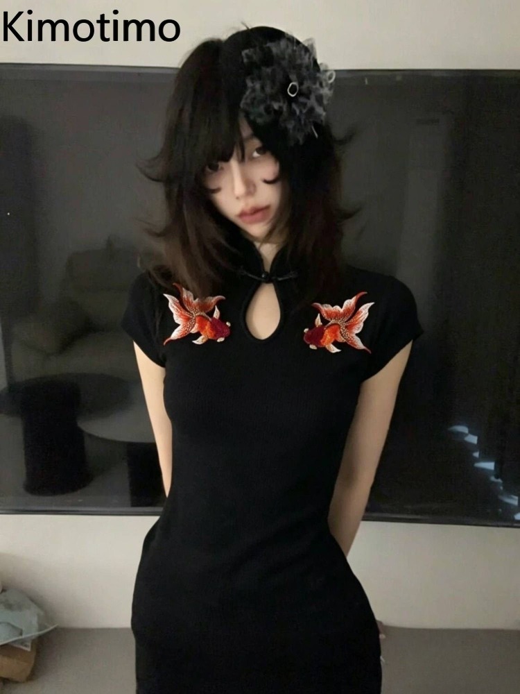 Kimotimo T-shirt élégant brodé poisson rouge pour femme, mode coréenne chic, t-shirts d'été, vêtements vintage, hauts décontractés amincissants pour femmes