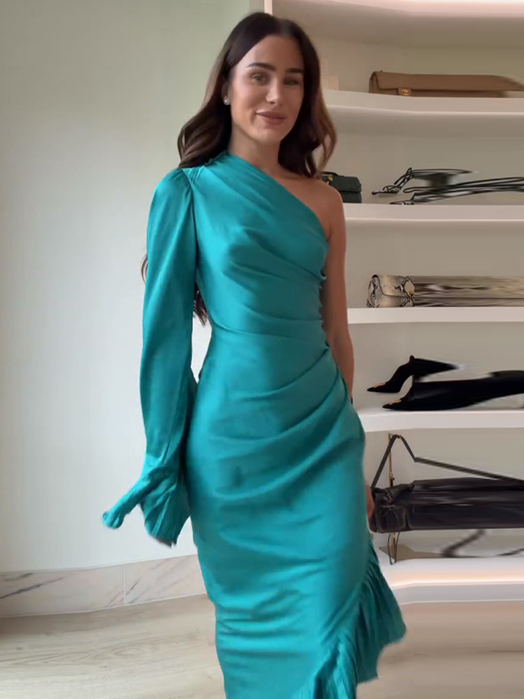 Robe longue en satin pour femme, asymétrique, chic, à volants, bleue, amincissante, élégante, pour soirée, printemps-été 2026