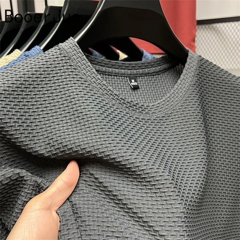 T-shirt Homme Haut de Gamme en Soie Glacée et Maille, Manches Courtes, Col Rond, Été, Demi-Manches, Couleur Unie, Sportif, Léger