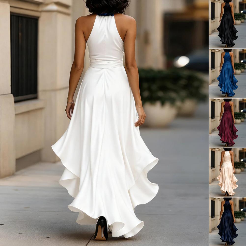 Robe de cocktail pour invitées de mariage, robe de bal asymétrique en satin à volants pour femme, sans manches, col en V, dos nu, taille nouée, longueur midi