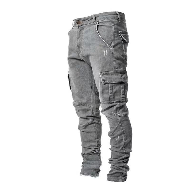 Jeans en denim élastique pour hommes, pantalon cargo multi-poches, coupe slim décontractée, jogging taille moyenne, document monochrome lavé, rue, fjwear, 03/Wear